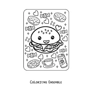 Image à colorier d'un grand hamburger kawaii