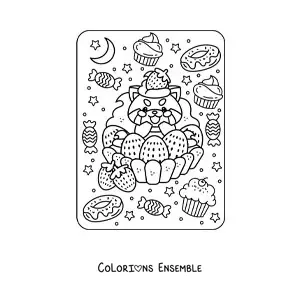 Image à colorier d'un panda roux sur un gâteau à la fraise kawaii