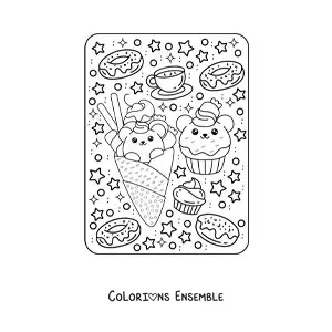 Image à colorier d'une glace et d'un cupcake en forme d'oursons kawaii