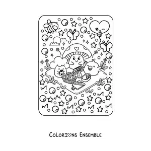 Image à colorier d'un champignon et d'un brocoli rigolos avec un poussin kawaii en pique-nique