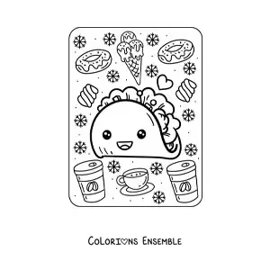 Image à colorier d'un grand taco kawaii