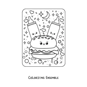Image à colorier de grandes sauces et d'un hamburger kawaii