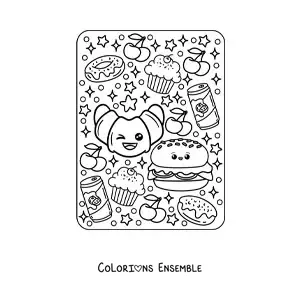 Image à colorier d'un grand croissant et d'un hamburger kawaii