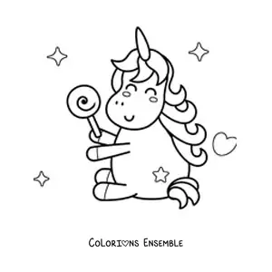 Image à colorier d'une licorne kawaii avec une sucette