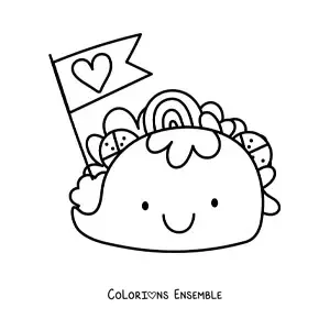 Image à colorier d'un grand taco kawaii avec un coeur