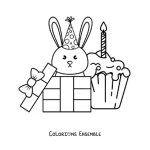 Image à colorier d'un lapin kawaii avec un cupcake d'anniversaire
