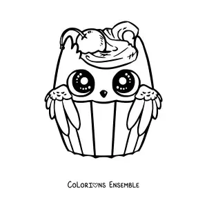 Image à colorier d'un cupcake hibou kawaii