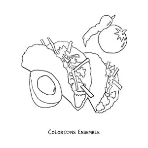 Image à colorier de deux tacos entourés de leurs ingrédients