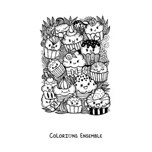 Image à colorier de cupcakes kawaii avec des gribouillis