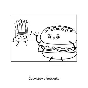 Image à colorier d'un hamburger rigolo avec des frites