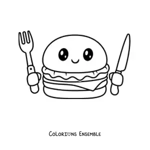 Image à colorier d'un hamburger kawaii avec des couverts