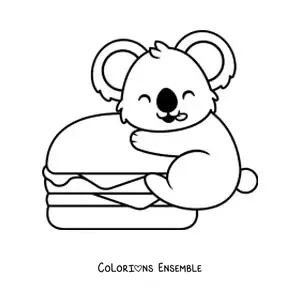 Image à colorier d'un koala kawaii avec un hamburger