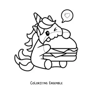 Image à colorier d'une licorne kawaii mangeant un hamburger