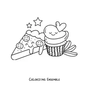 Image à colorier d'une pizza et d'un cupcake kawaii