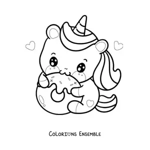 Image à colorier d'une licorne kawaii mangeant un donut