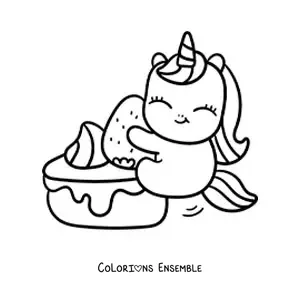 Image à colorier d'une licorne kawaii avec un gâteau à la fraise