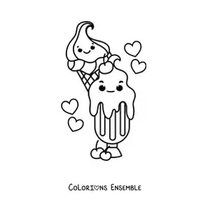 Image à colorier de glaces kawaii avec des coeurs