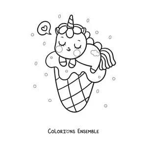 Image à colorier d'une licorne kawaii sur une glace