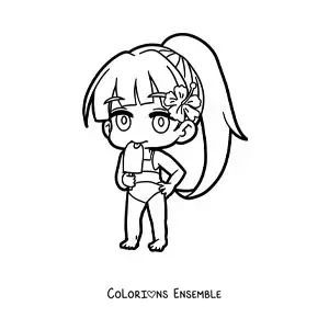Image à colorier d'une poupée japonaise kawaii en bikini qui mange une glace à l'eau