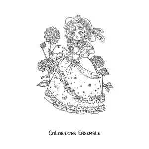 Image à colorier d'une fille anime kawaii style lolita