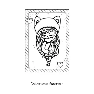 Image à colorier d'une poupée kawaii avec un bonnet à oreilles de chat