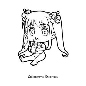 Image à colorier d'une fille kawaii assise en maillot de bain avec une boisson