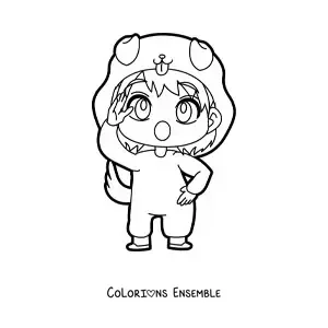 Image à colorier d'une poupée kawaii déguisée en chien