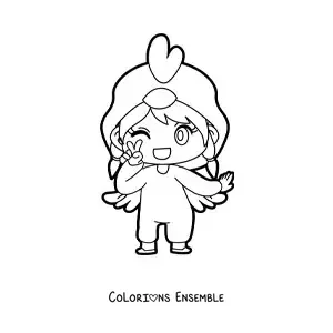 Image à colorier d'une poupée kawaii déguisée en poule