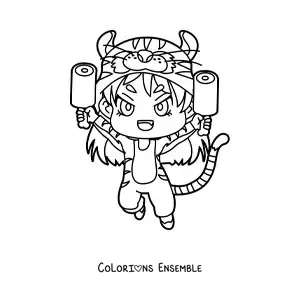 Image à colorier d'une poupée kawaii déguisée en tigre