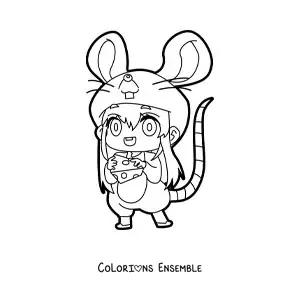 Image à colorier d'une poupée kawaii déguisée en souris