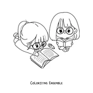 Image à colorier de filles kawaii qui étudient