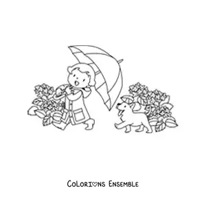 Image à colorier d'une fille kawaii avec un chien