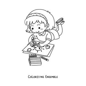 Image à colorier d'une fille qui colorie
