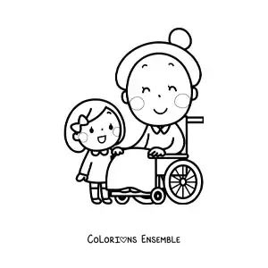 Image à colorier d'une mamie kawaii et de sa petite-fille