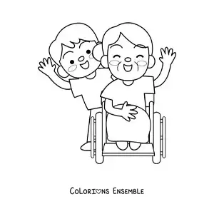 Image à colorier d'une mamie kawaii et de son petit-fils
