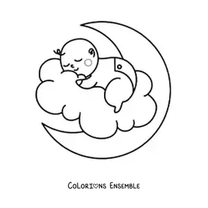 Image à colorier d'un bébé nouveau-né qui dort sur la Lune