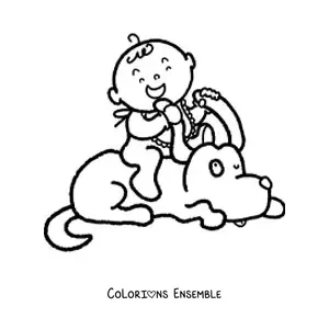 Image à colorier d'un bébé assis sur un chien animé