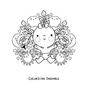 Image à colorier d'un bébé fille kawaii avec des fleurs animées