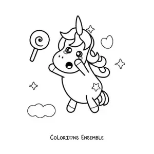 Image à colorier d'une licorne kawaii debout qui essaie d'attraper une sucette