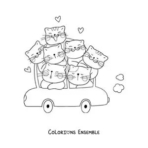 Image à colorier de chats kawaii dans une voiture