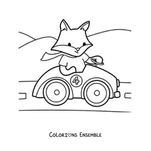 Image à colorier d'un renard kawaii animé qui conduit une voiture