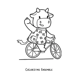 Image à colorier d'une vache kawaii animée qui roule à vélo
