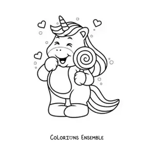 Image à colorier d'une licorne avec une sucette en spirale et des cœurs en arrière-plan