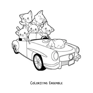 Image à colorier de chatons mignons dans une voiture