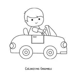 Image à colorier d'un garçon kawaii qui conduit une voiture