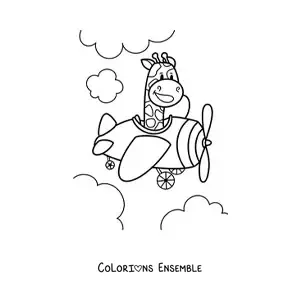 Image à colorier d'une girafe kawaii animée qui pilote un avion