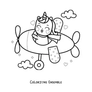 Image à colorier d'une licorne kawaii qui pilote un avion