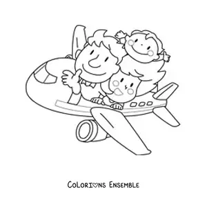 Image à colorier d'une famille kawaii qui voyage en avion