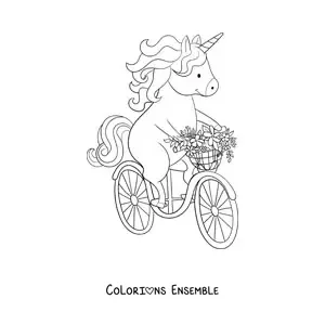 Image à colorier d'une licorne kawaii qui roule à vélo