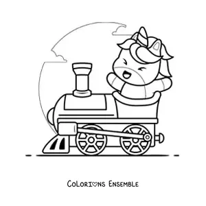 Image à colorier d'une licorne kawaii dans un train